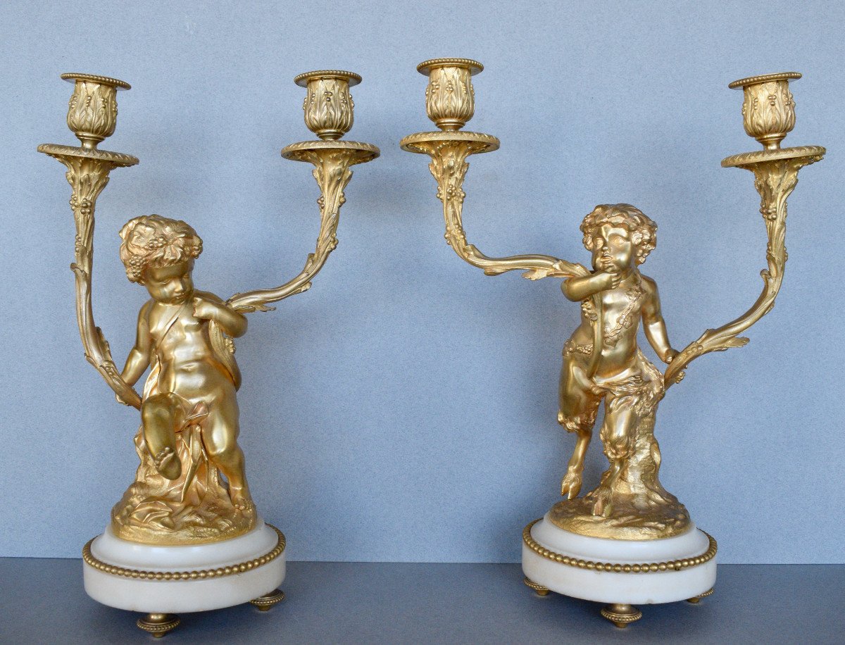 Paire De Candelabre En Bronze Doré De Style Louis XVI D'Aprés Clodion Et Delarue-photo-1