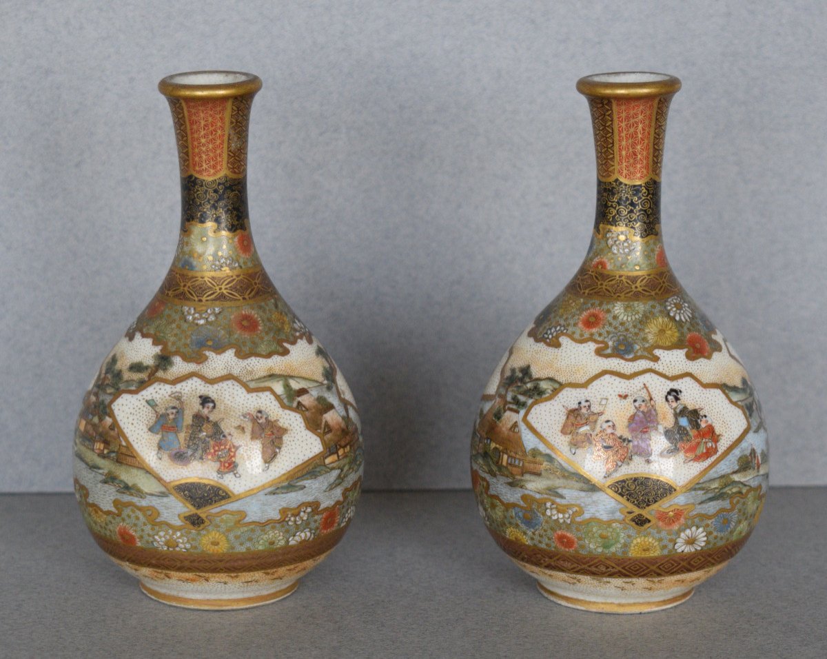 Pair Of Small Satsuma Ceramic Bottle Vases -photo-2