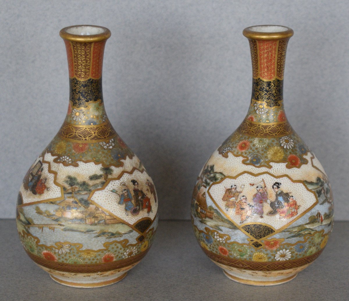 Pair Of Small Satsuma Ceramic Bottle Vases -photo-3