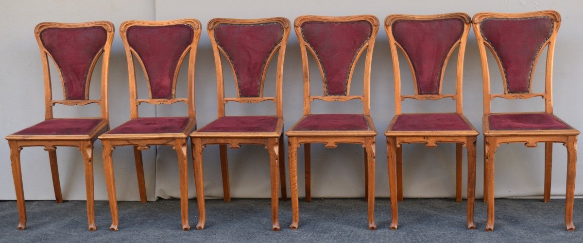 Suite Of 6 Art Nouveau Chairs In Blond Mahogany By Edouard Diot-photo-1