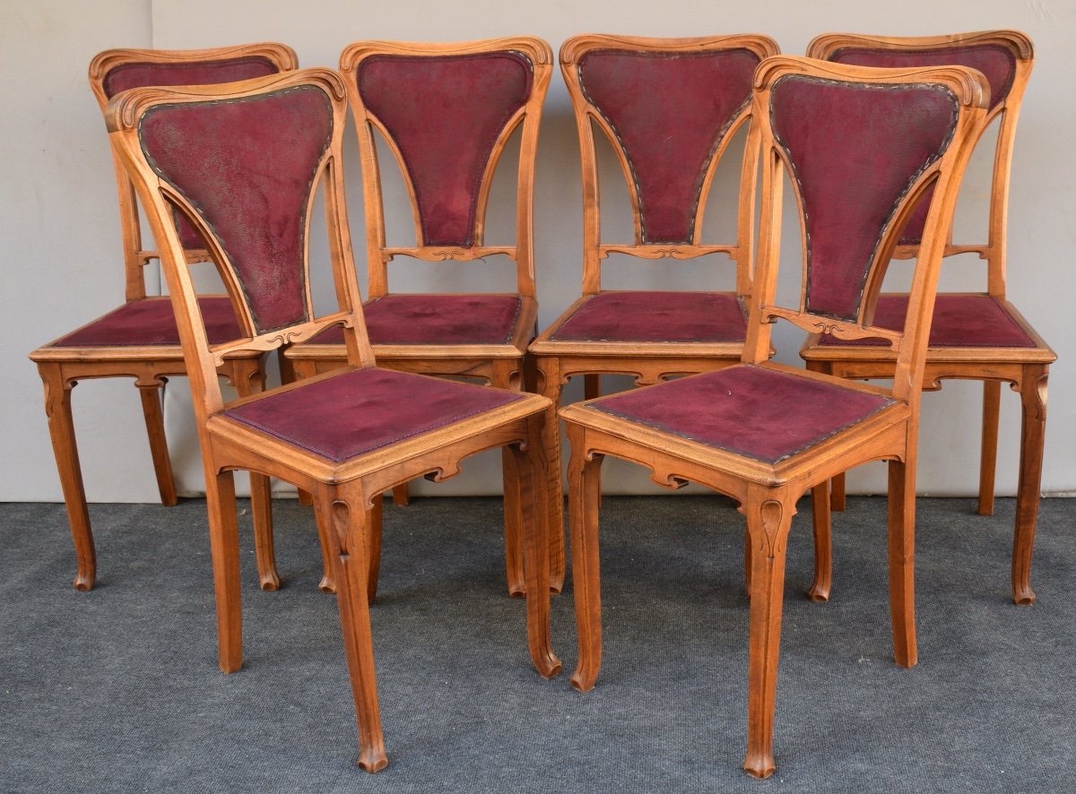 Suite Of 6 Art Nouveau Chairs In Blond Mahogany By Edouard Diot-photo-2