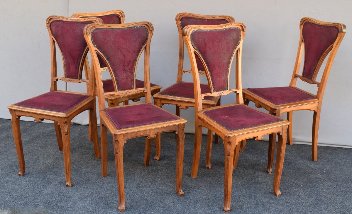 Suite Of 6 Art Nouveau Chairs In Blond Mahogany By Edouard Diot