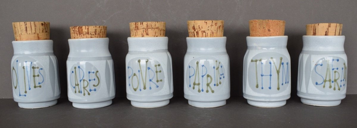 Set Of 6 Ceramic Spice Jars Signed Roger Capron-photo-3