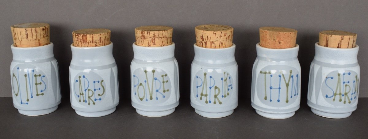 Set Of 6 Ceramic Spice Jars Signed Roger Capron-photo-2