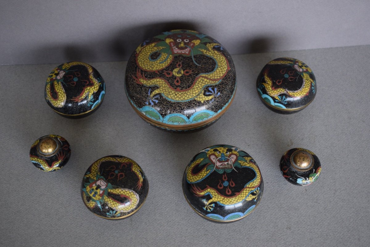  China Set Of 5 Boxes And 2 Salt Cellars In Cloisonné Enamels-photo-2
