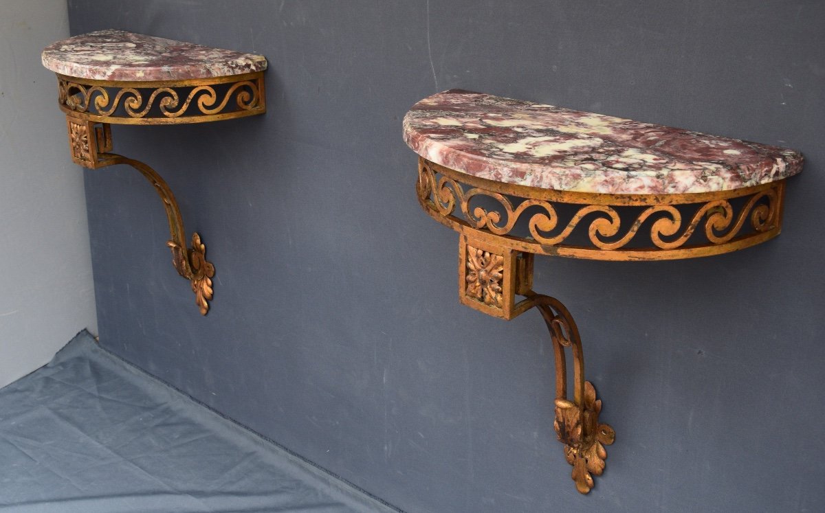 Pair Of Half Moon Consoles In Wrought Iron-photo-3