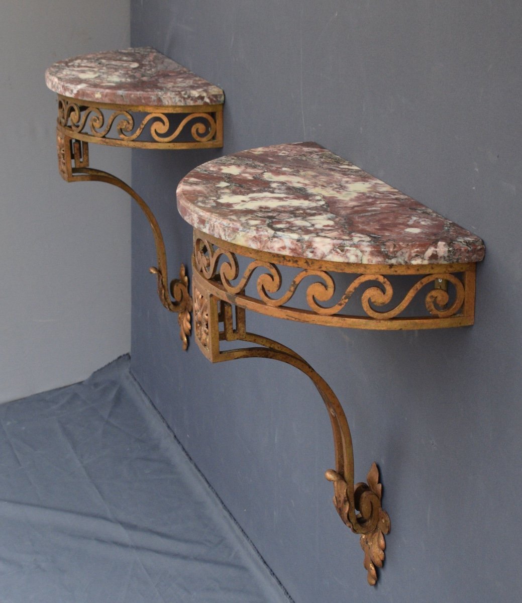 Pair Of Half Moon Consoles In Wrought Iron-photo-4