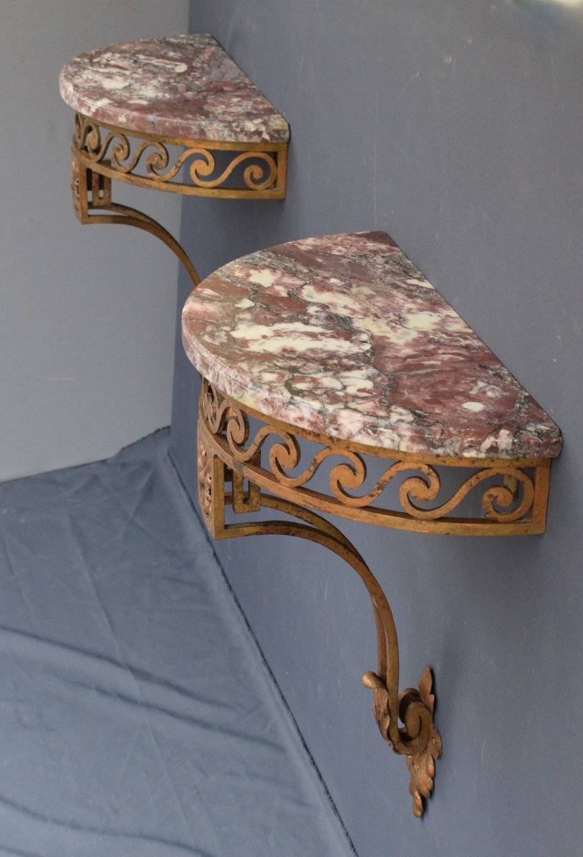 Pair Of Half Moon Consoles In Wrought Iron-photo-5