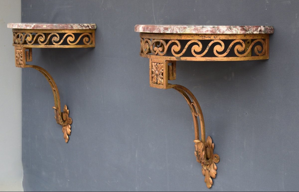 Pair Of Half Moon Consoles In Wrought Iron-photo-6