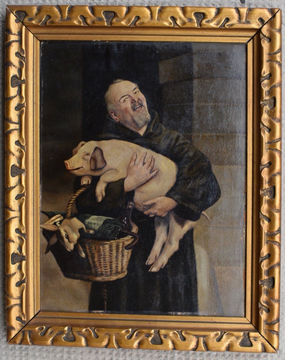 José Frappa (1854-1904) Painting Representing A Monk And A Pig-photo-3