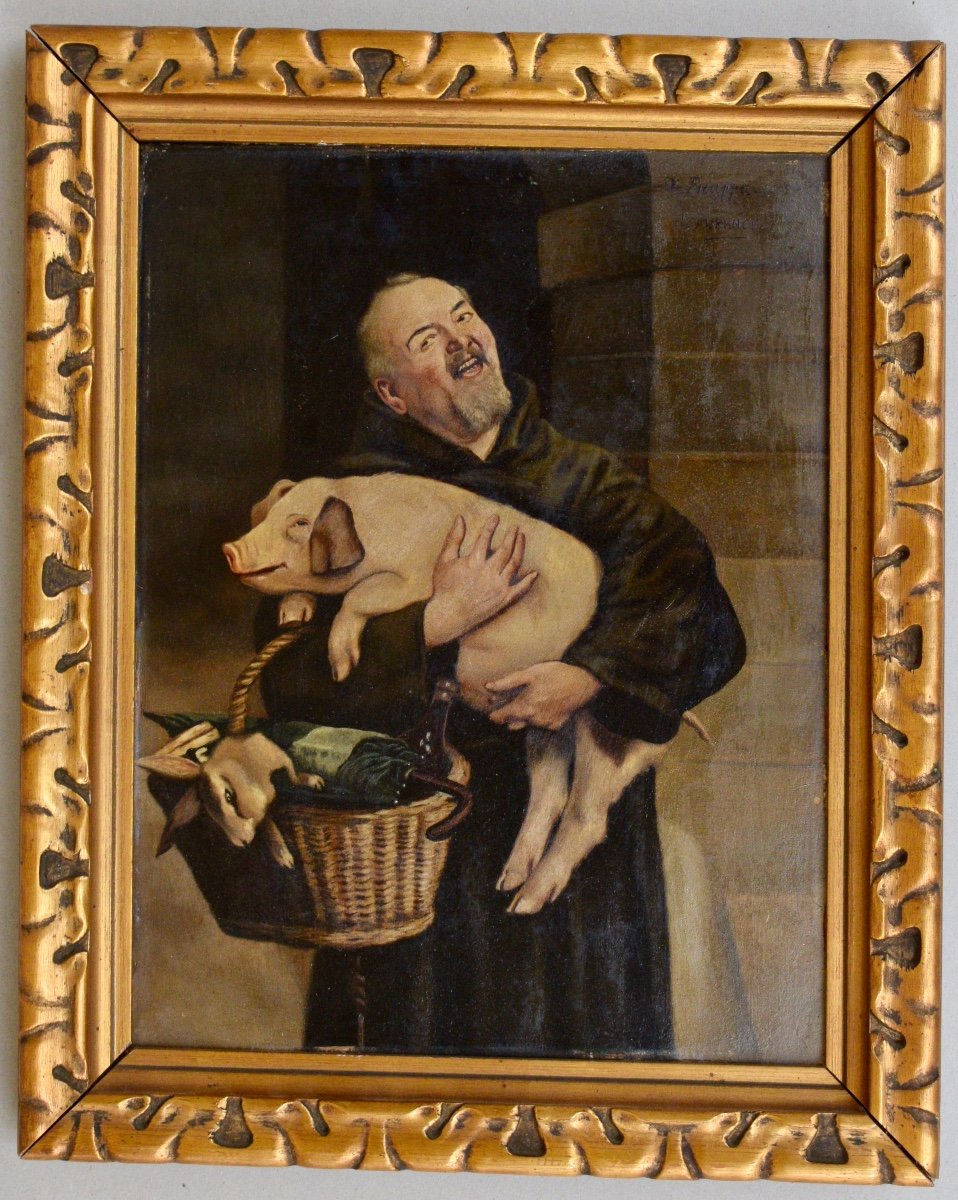 José Frappa (1854-1904) Painting Representing A Monk And A Pig