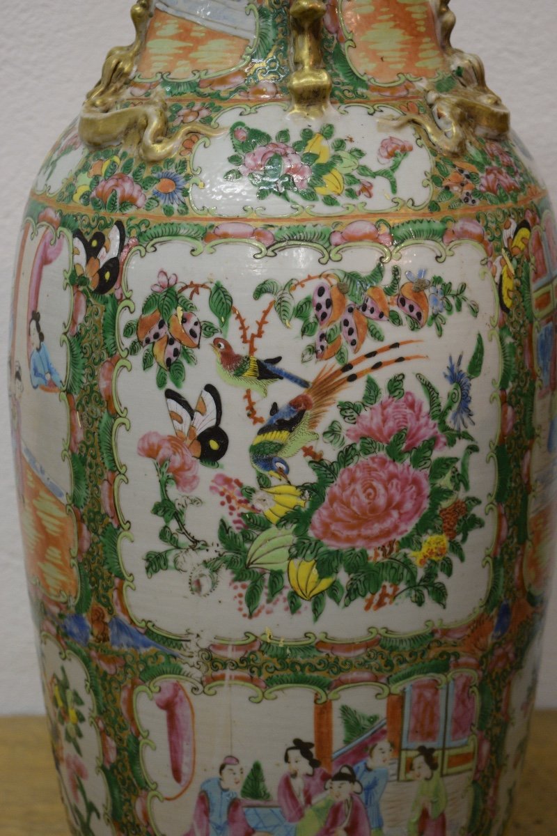 Grand Vase En Porcelaine Polychrome De Canton Aux émaux De La Famille Rose-photo-3