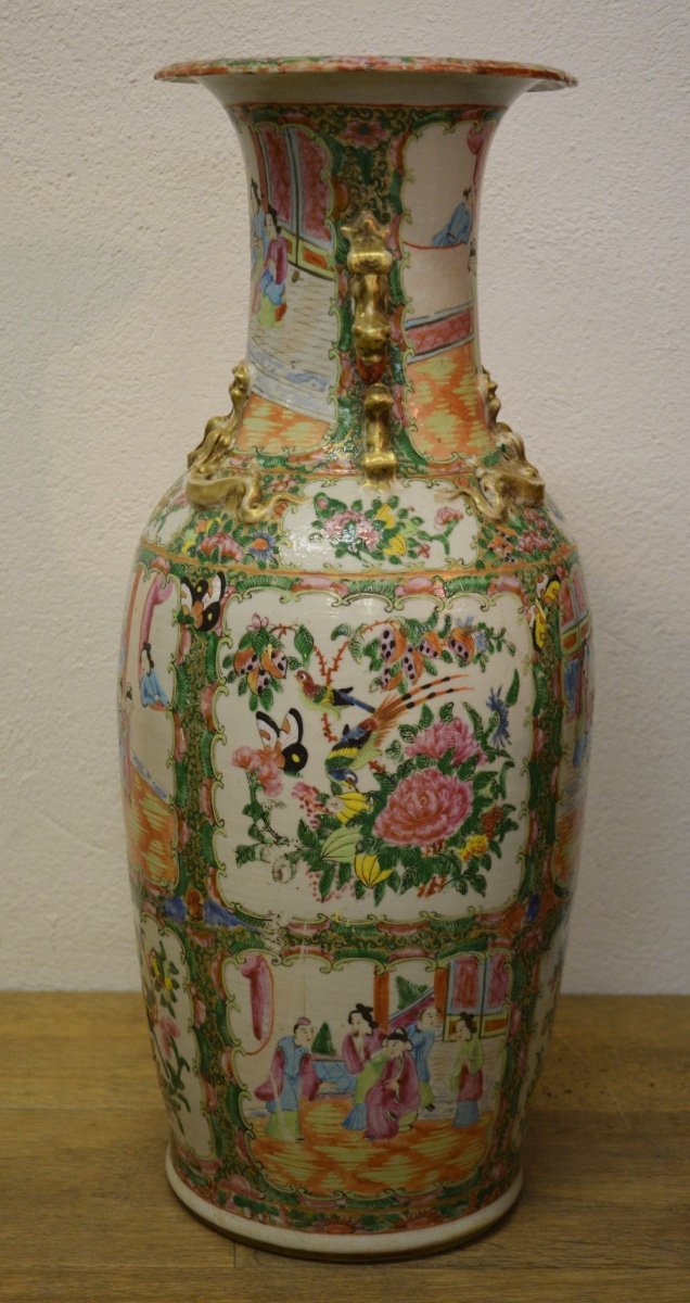 Grand Vase En Porcelaine Polychrome De Canton Aux émaux De La Famille Rose-photo-4