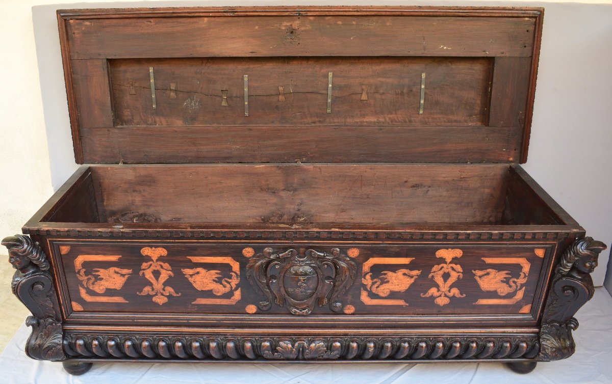 Important Renaissance Period Cassons In Walnut And Sycamore Inlay-photo-6