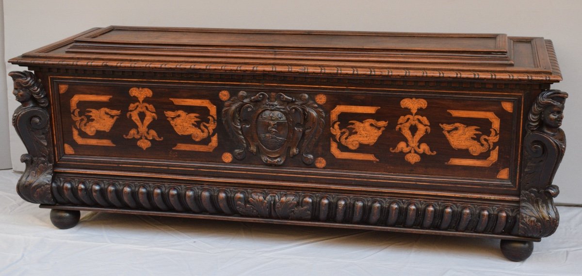 Important Renaissance Period Cassons In Walnut And Sycamore Inlay