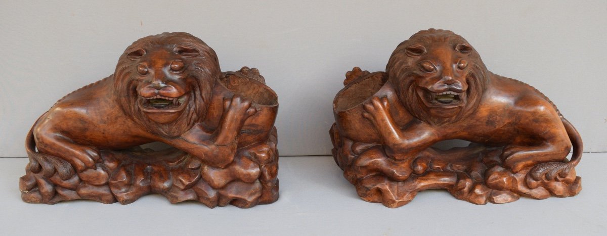 Lion-shaped Trophy Holder In Exotic Wood From Vietnam, End Of The 19th Century