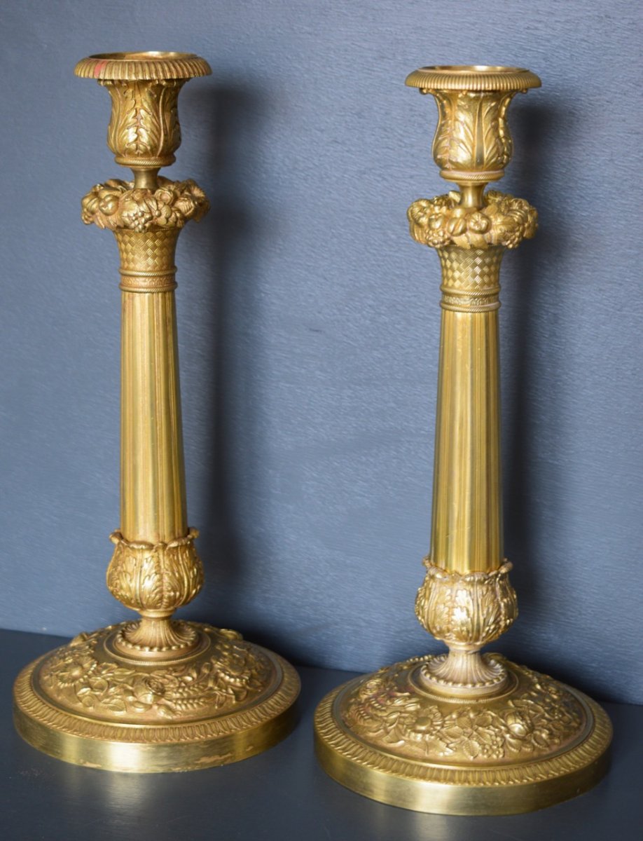 Pair Of Candlesticks D Restoration Period In Gilt Bronze-photo-3