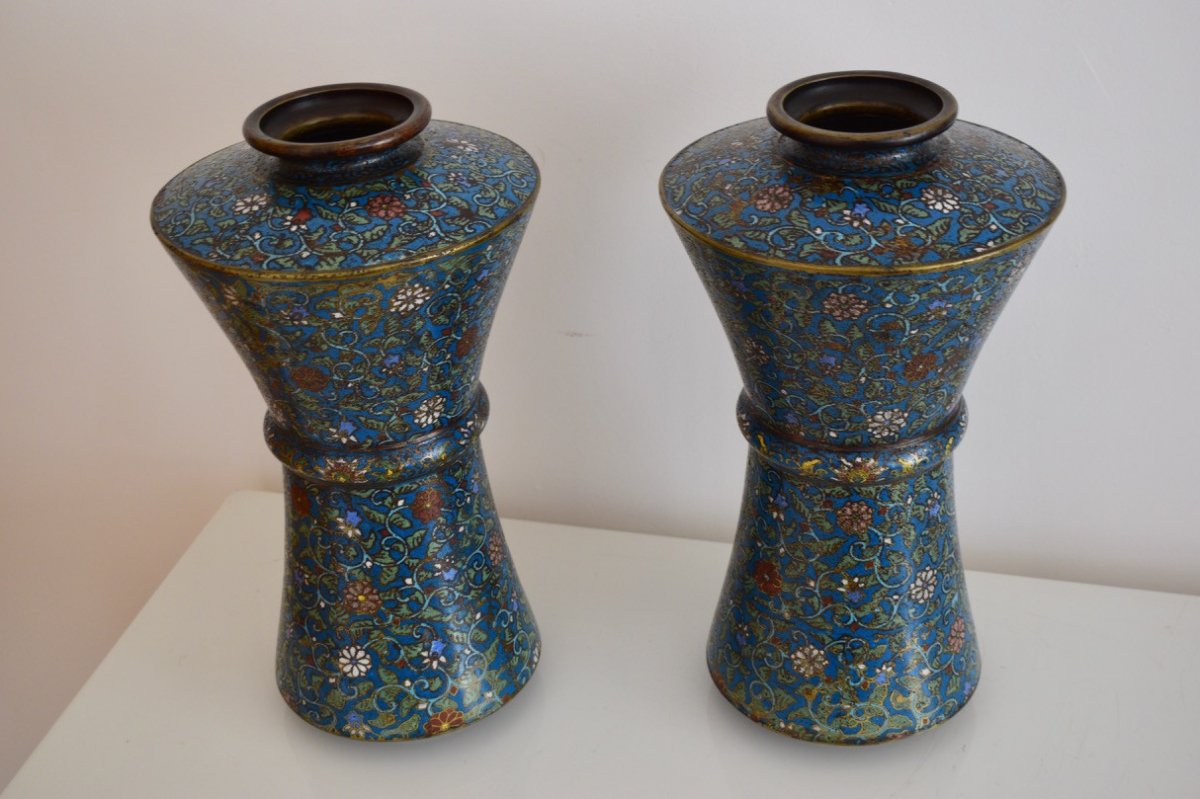 Paire De Vases En Bronze Et émaux Cloisonnés XIX Eme -photo-4