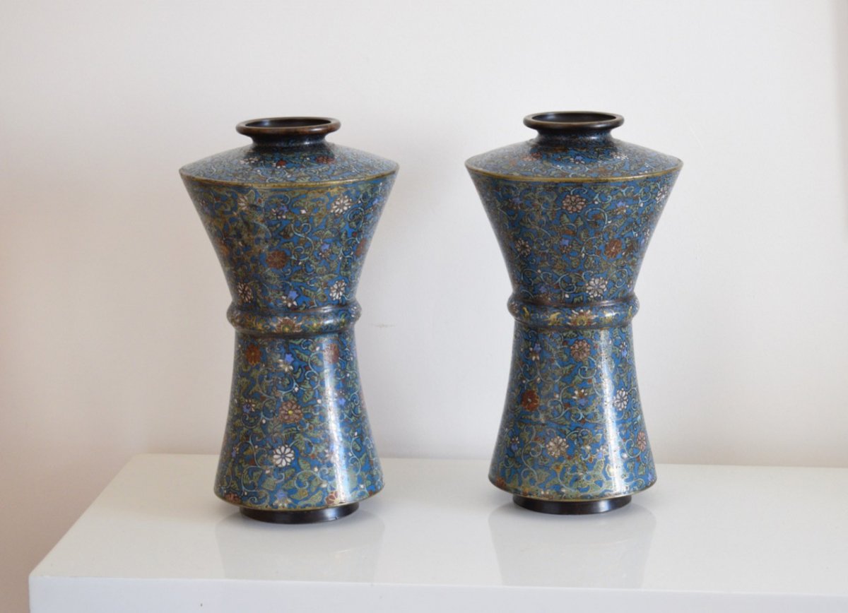 Paire De Vases En Bronze Et émaux Cloisonnés XIX Eme -photo-1