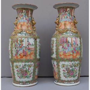 China Pair Of Large Famille Rose Enamel Vases