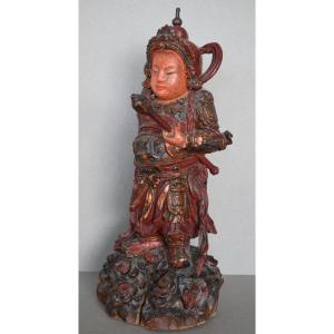 Polychrome Wooden Sculpture Representing A Temple Guardian