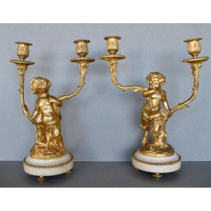 Pair Of Louis XVI Style Gilt Bronze Candelabra After Clodion And Delarue