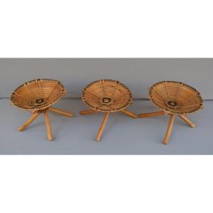 Suite Of 3 Rattan Stools From The 60s