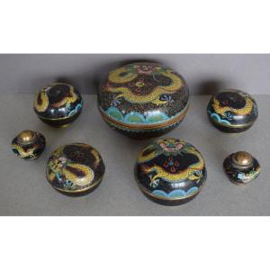  China Set Of 5 Boxes And 2 Salt Cellars In Cloisonné Enamels
