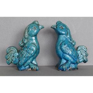 China Pair Of Turquoise Blue Ceramic Phoenixes 