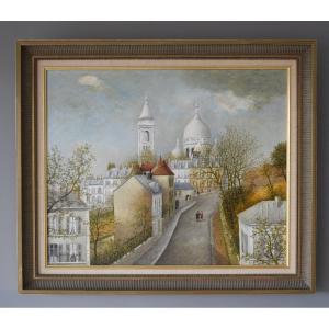 Maurice Ghiglion Green Huile Sur Toile Representant Une Vue De Montmartre