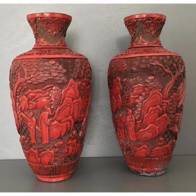 Pair Of Vases In Lacquer Cinnabar China XIX Eme Century
