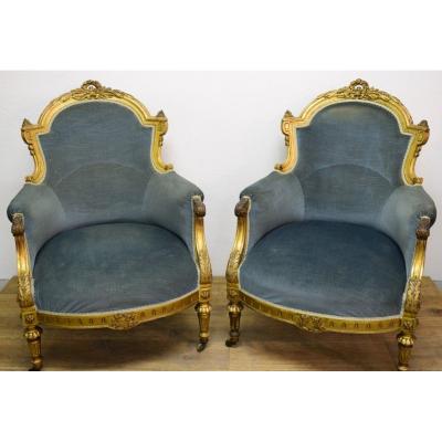 Pair Of Bergeres Louis XVI Style In Golden Wood