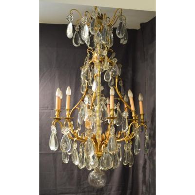 Important Lustre A Cage En Bronze Et Cristal