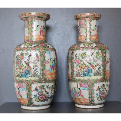 China Pair Of Canton Porcelain Vases 