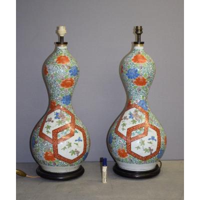 Paire De Grands Vases Double Gourde En Porcelaine De Kutani