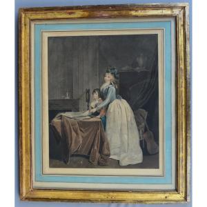 Engraving XVIII Eme Polychrome In Period Frame