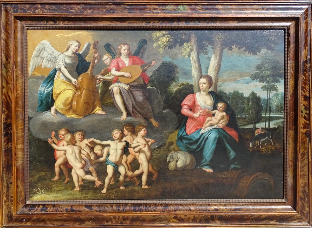 Flemish School 17th Century, The Virgin And Child Surrounded By Cherubs And Musical Angels-photo-2