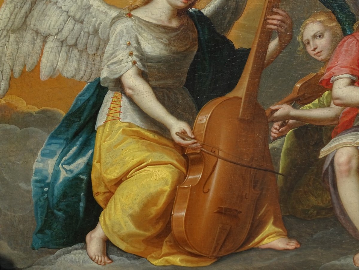 Flemish School 17th Century, The Virgin And Child Surrounded By Cherubs And Musical Angels-photo-1