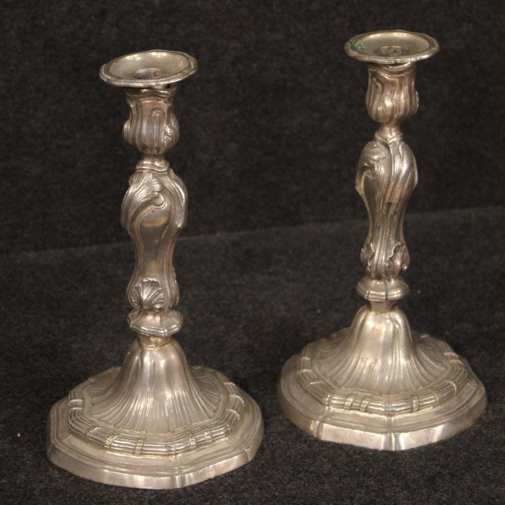 Pair Of Italian Silvered Metal Candelabras From 20th Century