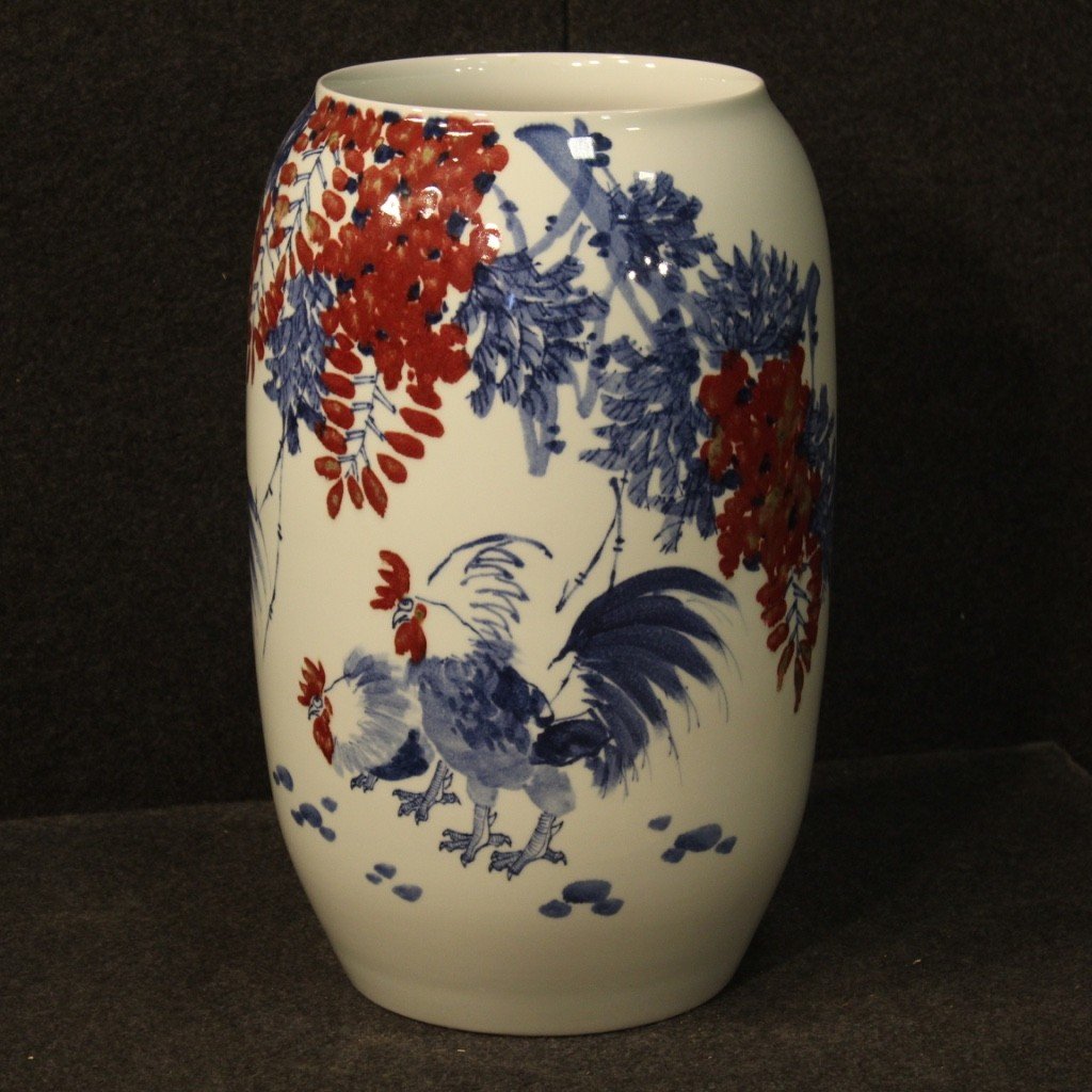 Chinese Painted Ceramic Vase With Roosters And Floral Decorations