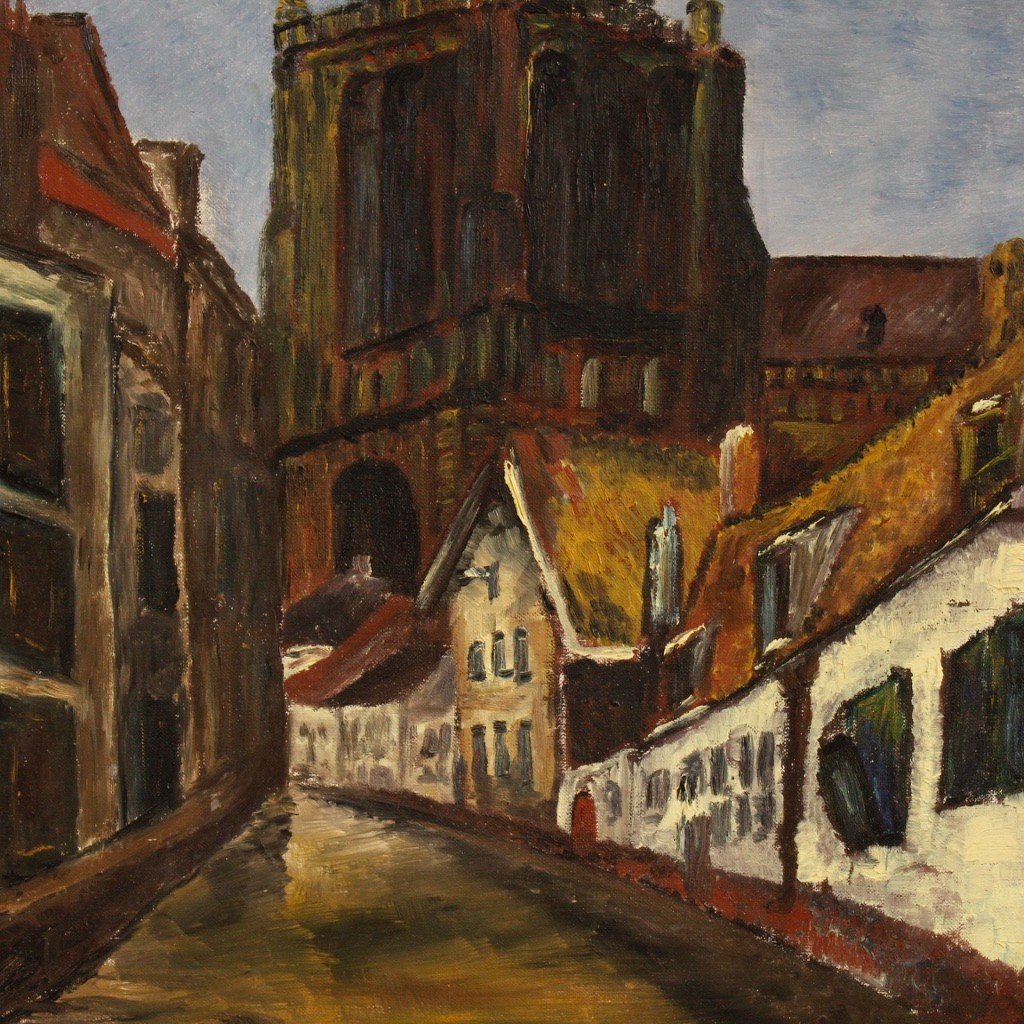 Dutch Signed Painting View Of Cathedral From 20th Century-photo-6
