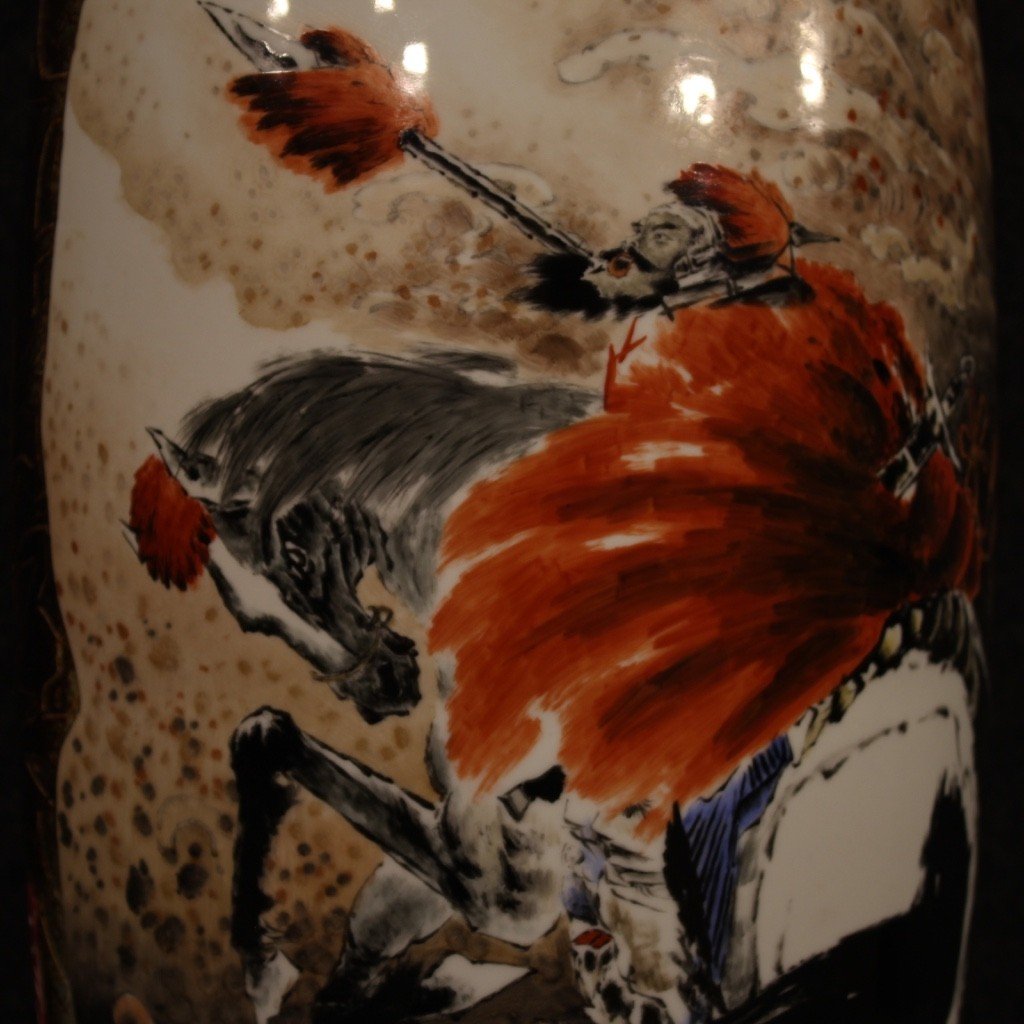 Chinese Painted Ceramic Vase With Warrior On Horseback-photo-3