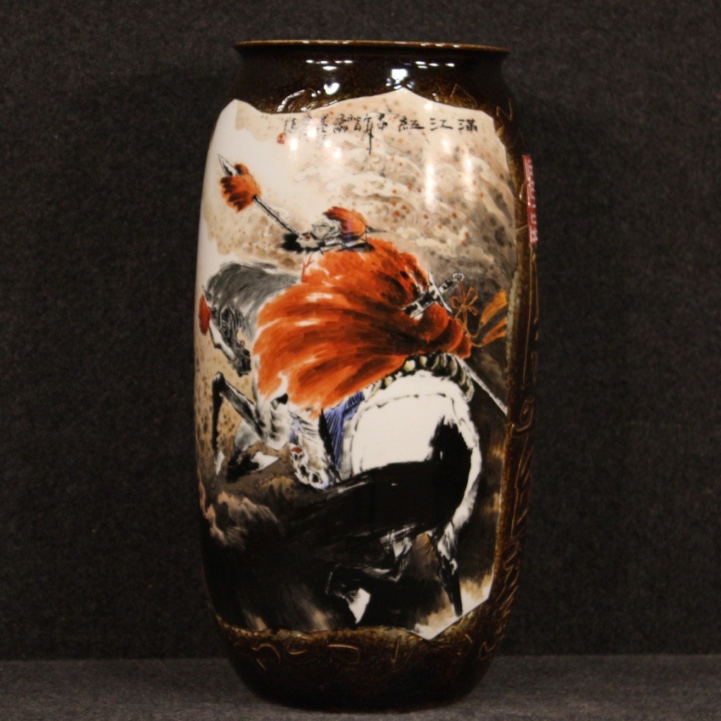 Chinese Painted Ceramic Vase With Warrior On Horseback-photo-4