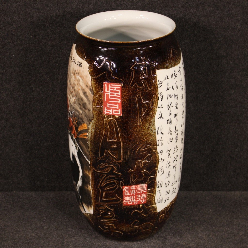 Chinese Painted Ceramic Vase With Warrior On Horseback-photo-6