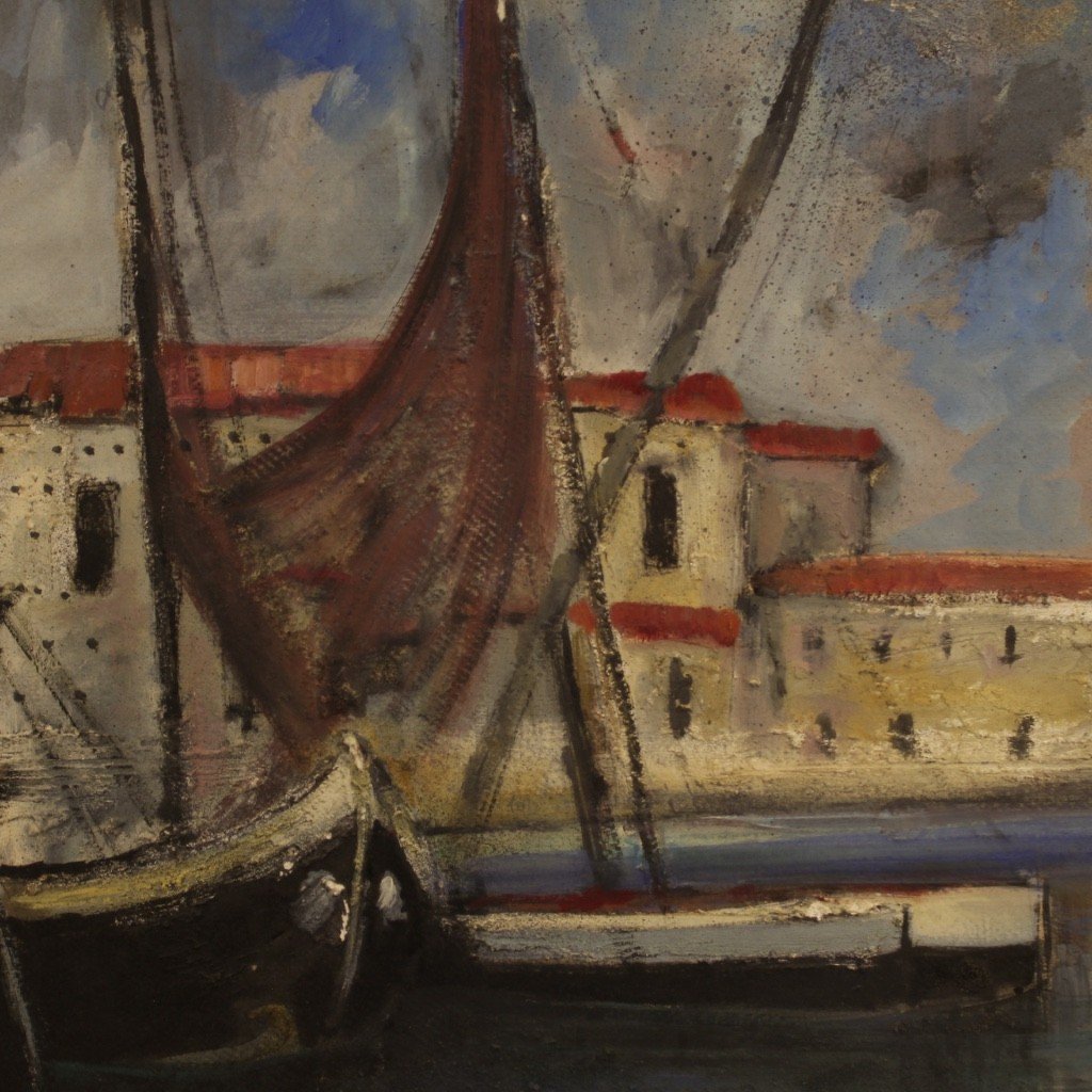 Italian Painting Signed Harbor View With Boats From 20th Century-photo-2