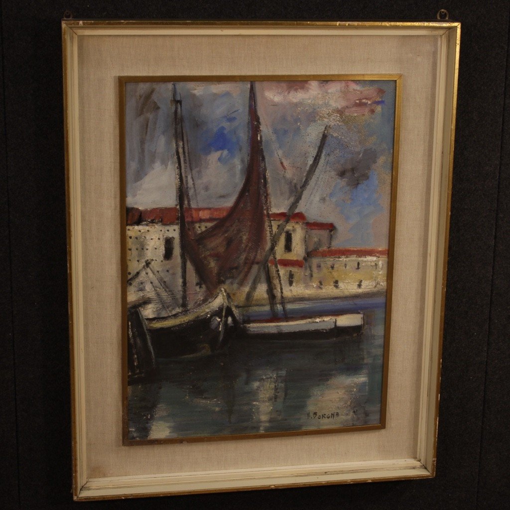 Italian Painting Signed Harbor View With Boats From 20th Century-photo-4