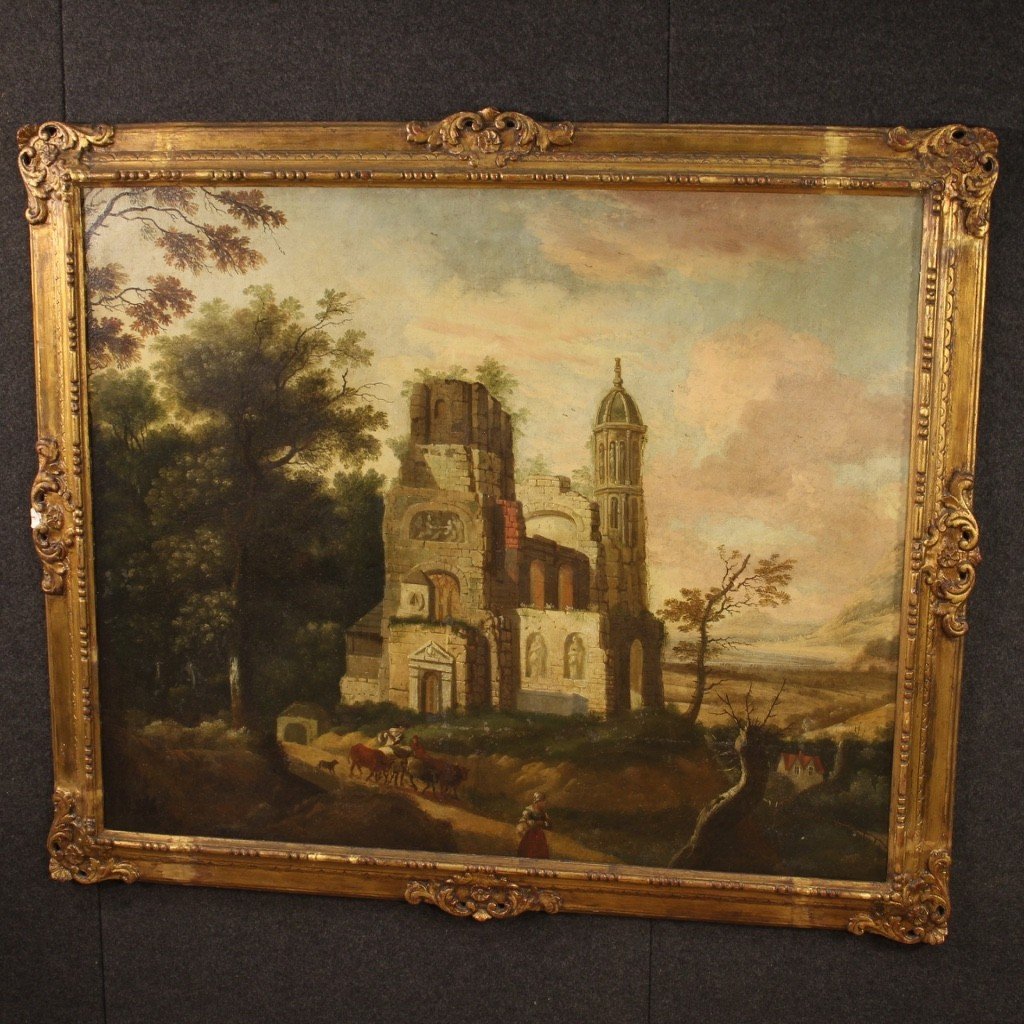 Ancienne Huile Sur Toile Française Peinture De Paysage Du 18ème Siècle-photo-2