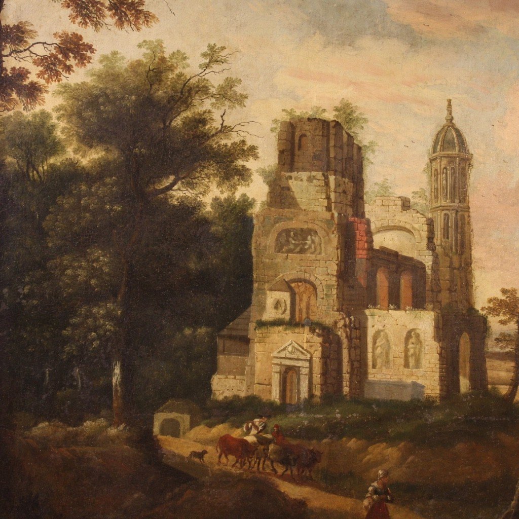 Ancienne Huile Sur Toile Française Peinture De Paysage Du 18ème Siècle-photo-5