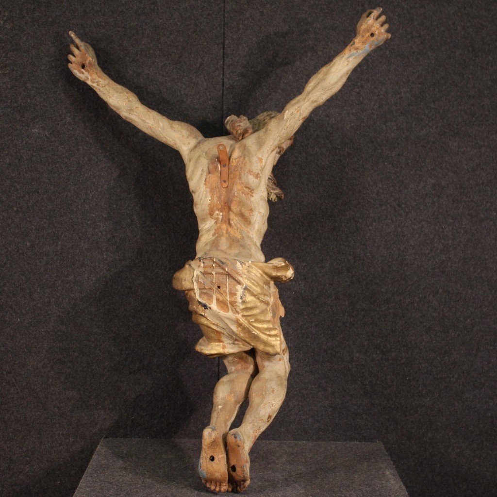 Grande Sculpture Du Christ Crucifié En Bois Polychrome Du 18ème Siècle-photo-4