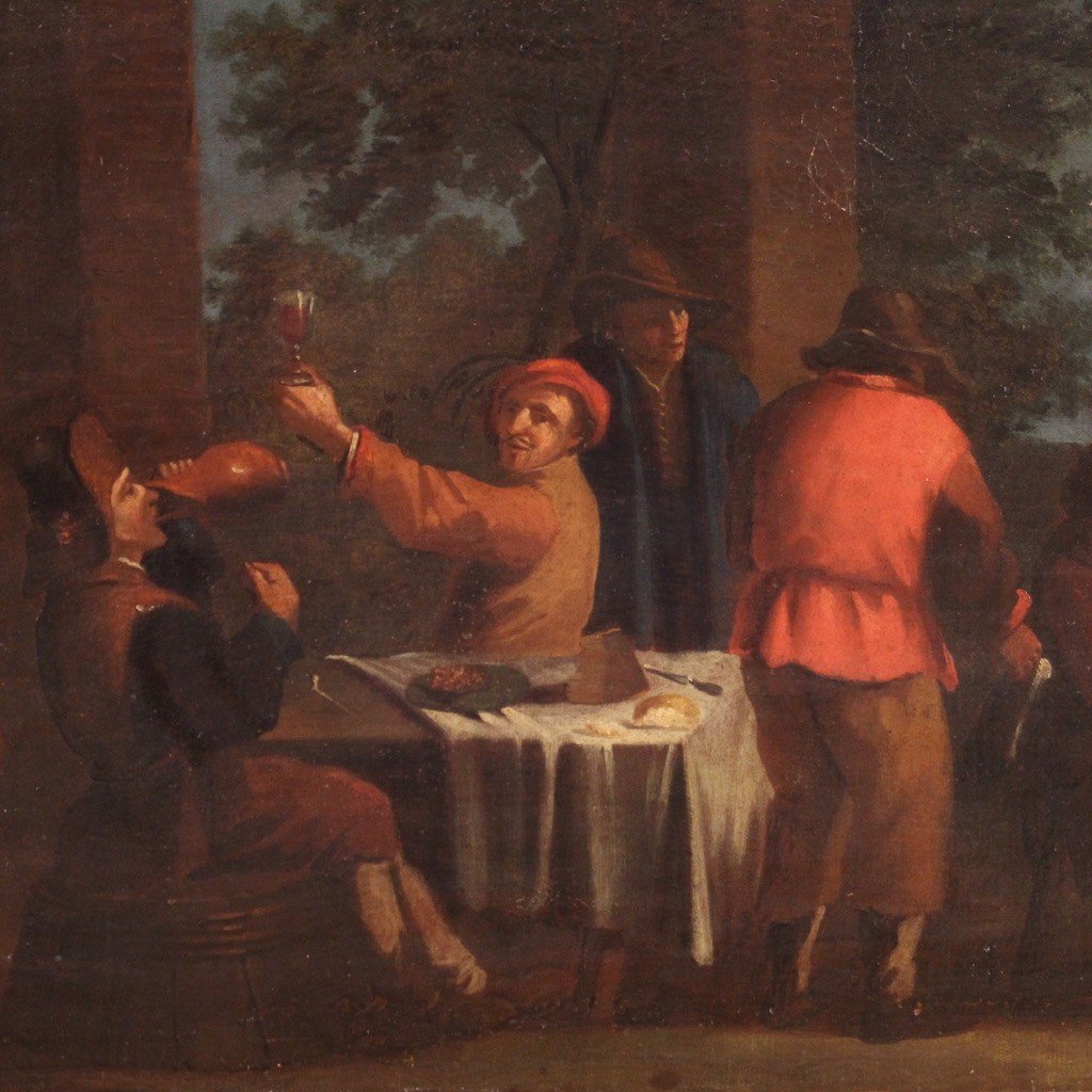 Painting Oil On Canvas From The 17th Century, Bamboccianti Genre Scene-photo-3